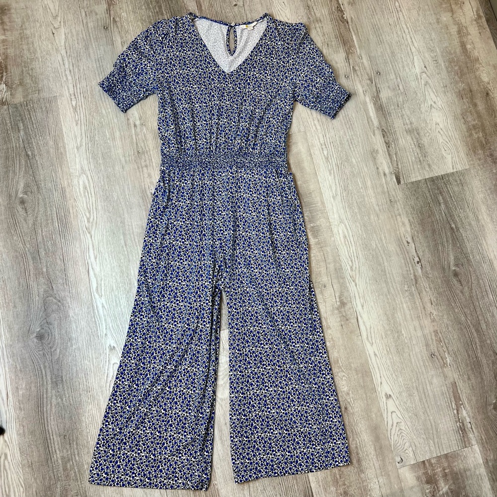 Boden Estella Jumpsuit Floral Blue Black Multi Size 10R Wide Leg Sleeves